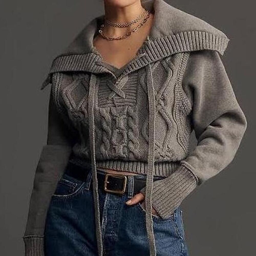 Pilcro Anthropologie Cable Knit Oversized Collar Sweater Jumper Gray L